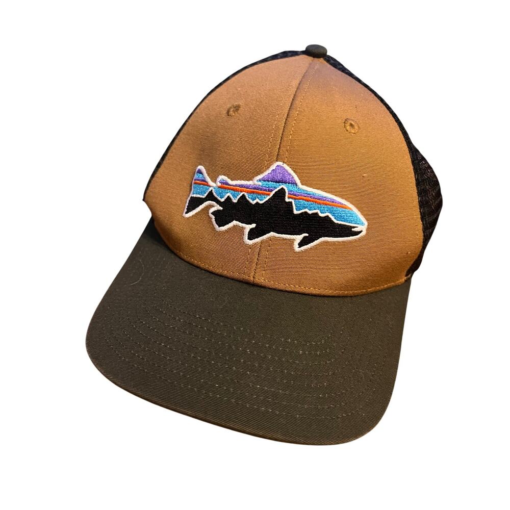 Patagonia Fitz Roy Trout Trucker Hat OS Mesh Snap Back Olive Camel Outdoor